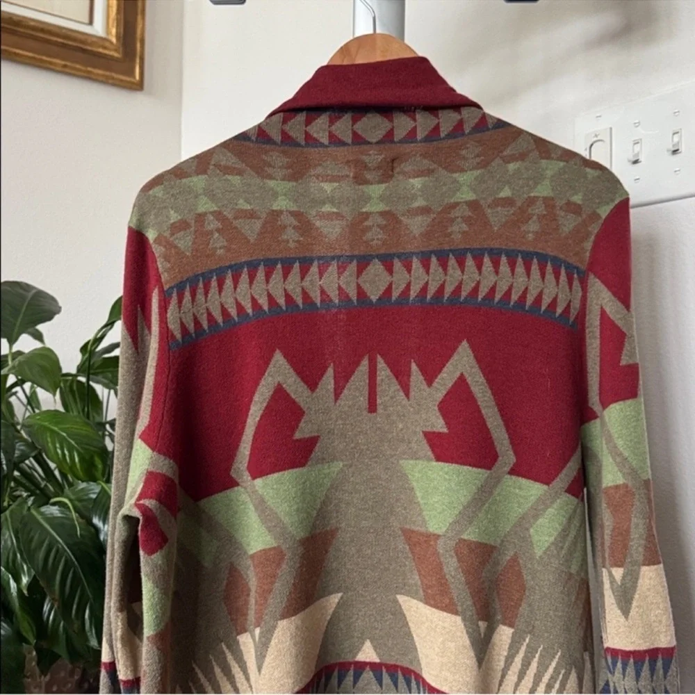 Tasha Polizzi Southwestern Drape Fringe cardigan sweater Sz M Brown Red Open - Picture 11 of 12